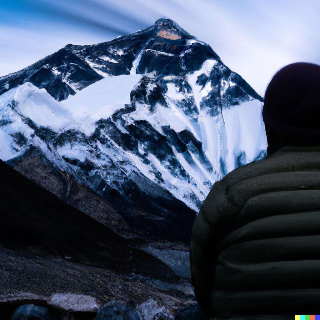 someone gazing at Mount Everest, photograph, slow shutter speed, 1s